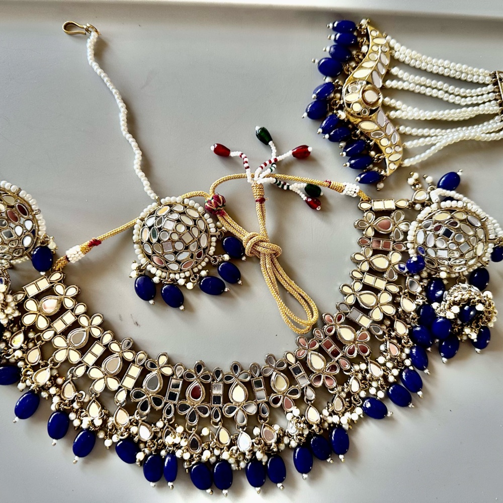 Blue mirror passa Nacklace set with earrings and tikka